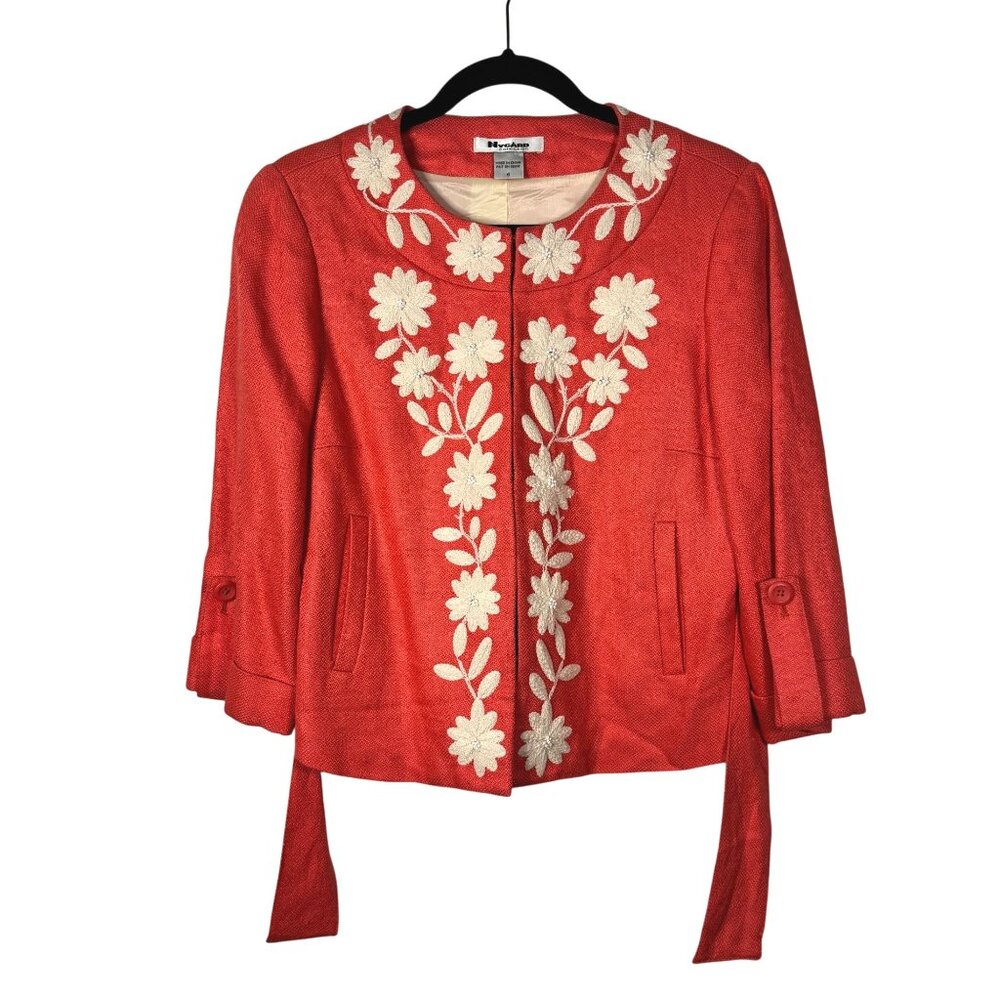 Nygard Womens Red Floral Embroidered Open-Front Jacket Size 6